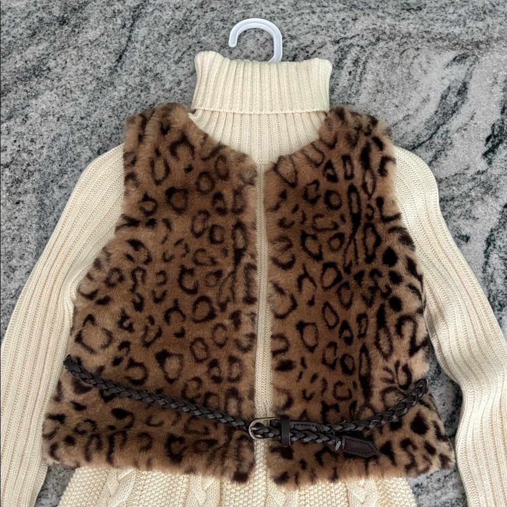Leopard Print Faux Fur Vest with Cream Knit Dress NWT l S 5/6 - Picture 2 of 9